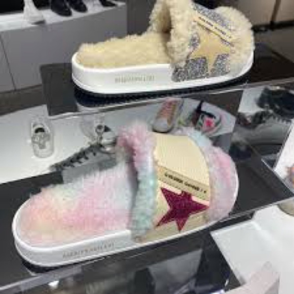 Golden Goose Multicolor and Cream Fuzzy Slides